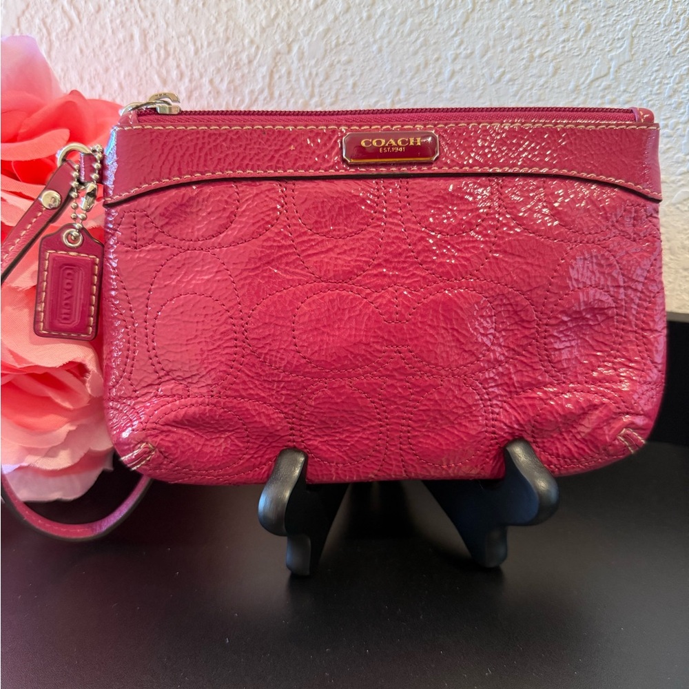 Coach Raspberry Pink Patent Leather Signature Wristlet EUC